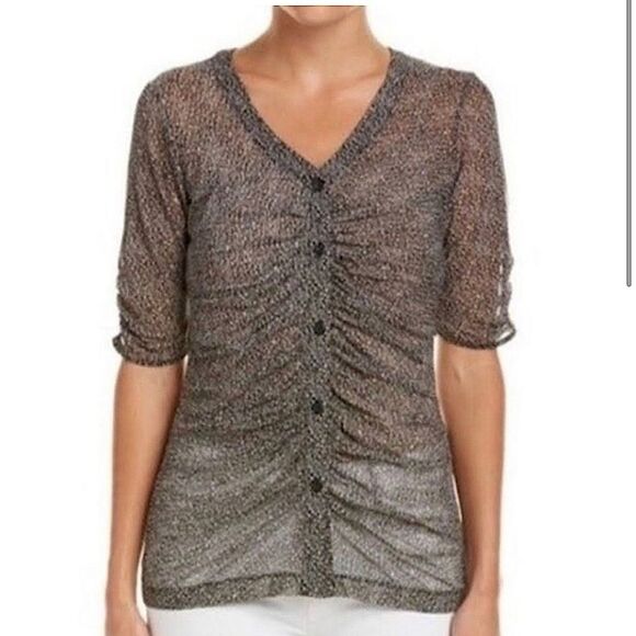 CAbi Sheer mesh black animal print Gathered Placket Blouse button front Size L - Picture 1 of 10